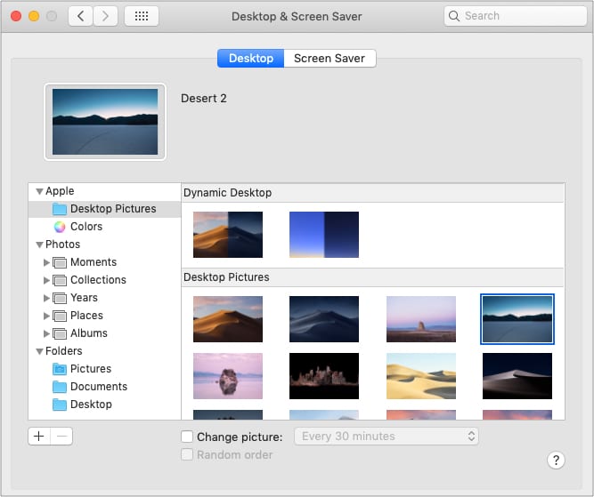 Wallpaper options inside Desktop and Screen Saver Preferences on Mac