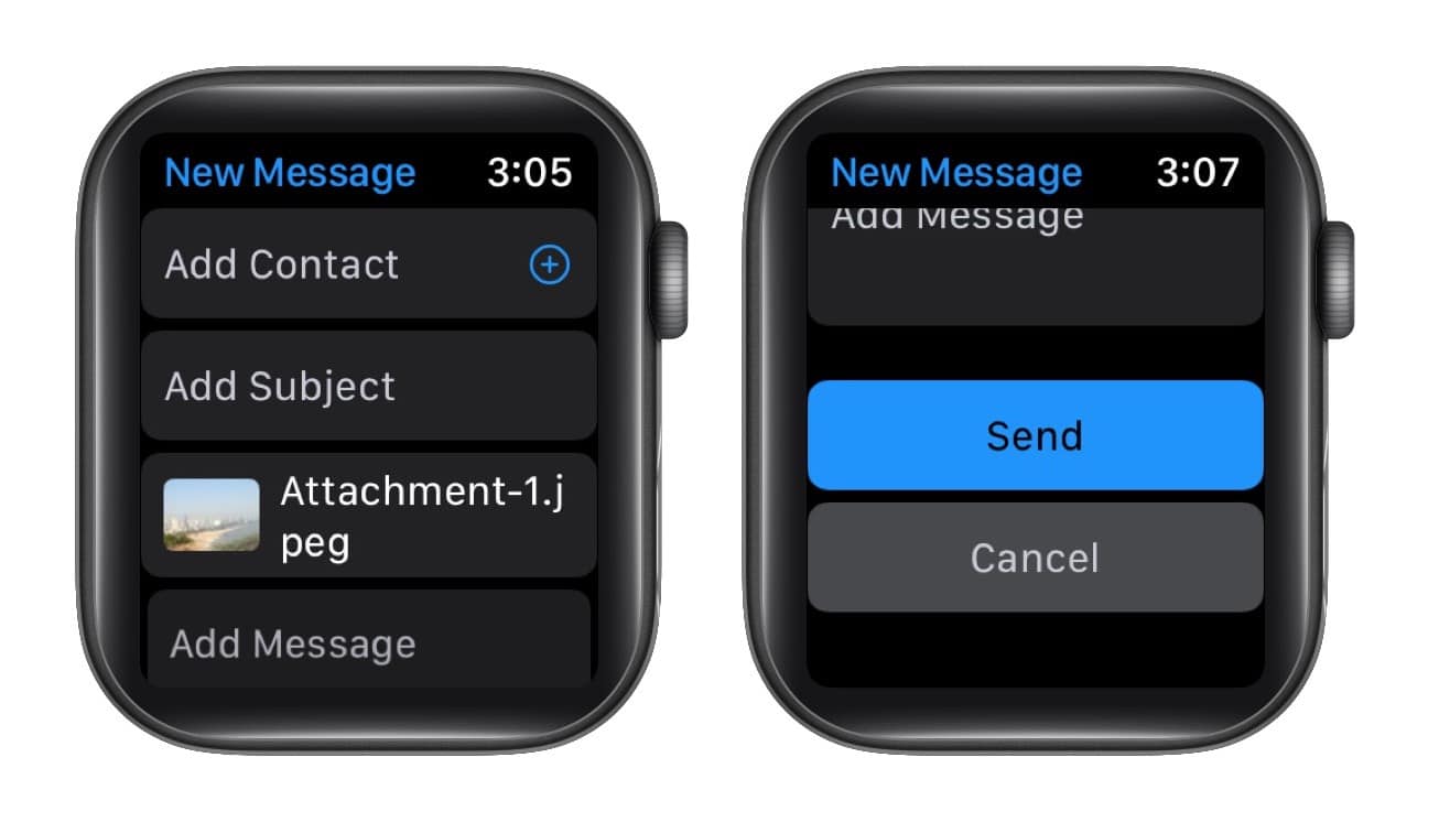 Add Contact and hit Send to share photo from Apple Watch