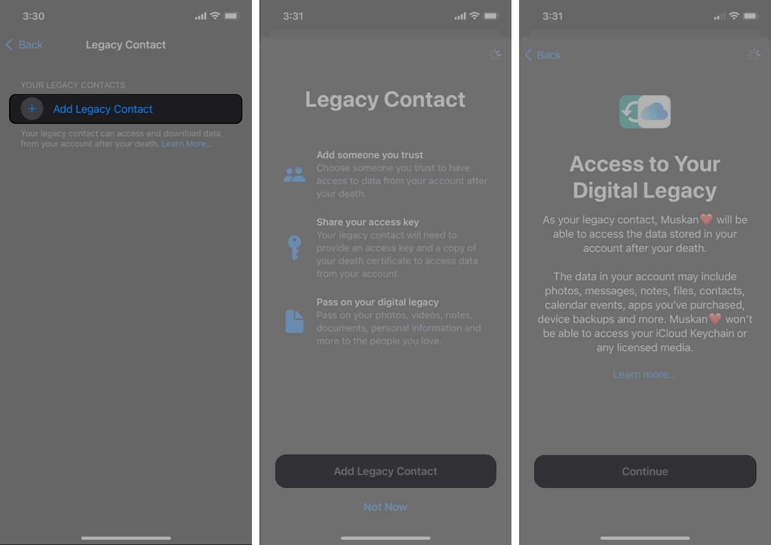 Add Digital Legacy contact on iPhone running iOS 15