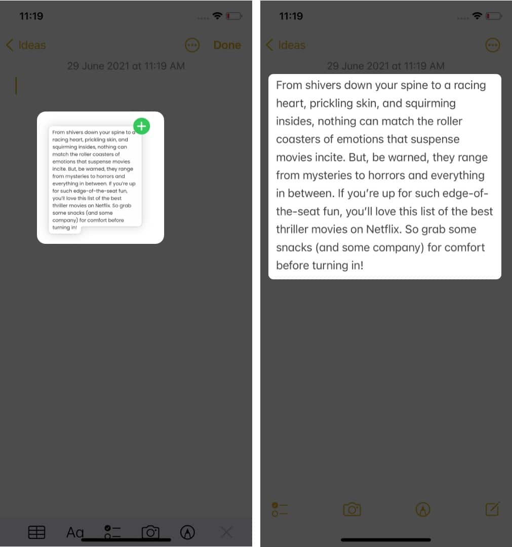Drop copied text in Notes app on iPhone