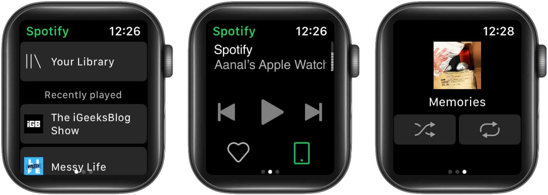 Main screen of Spotify on Apple Watch