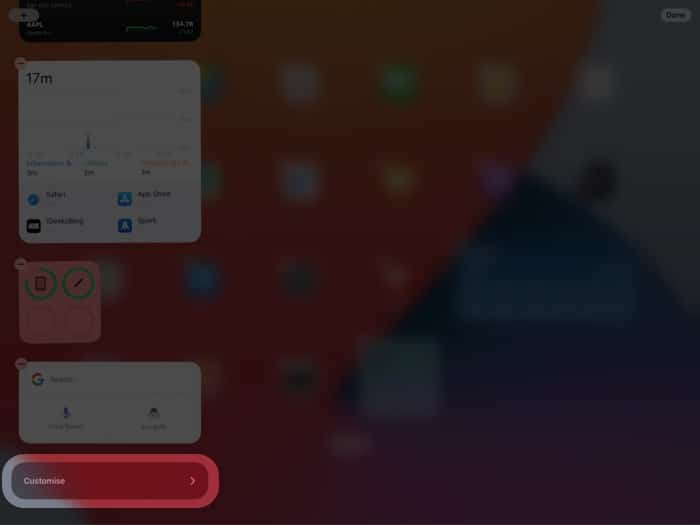 Tap Customize to add widgets on iPad Today View