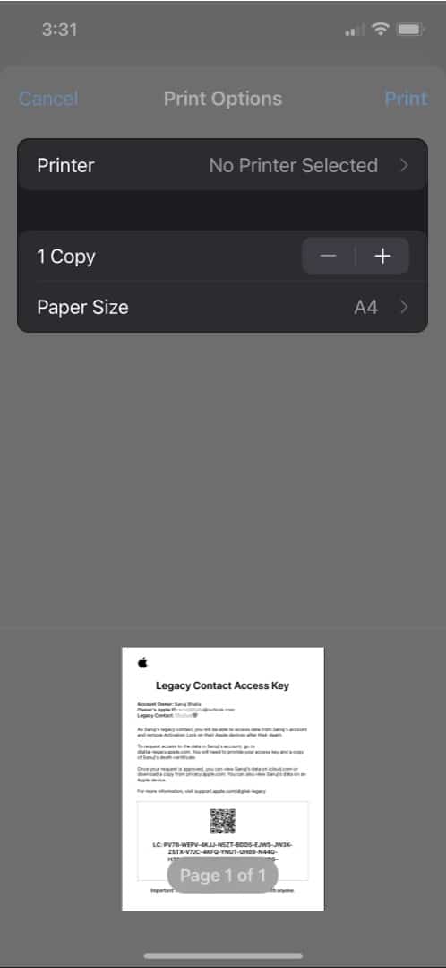 Tap Print a Copy and save Access Key as a PDF on iPhone