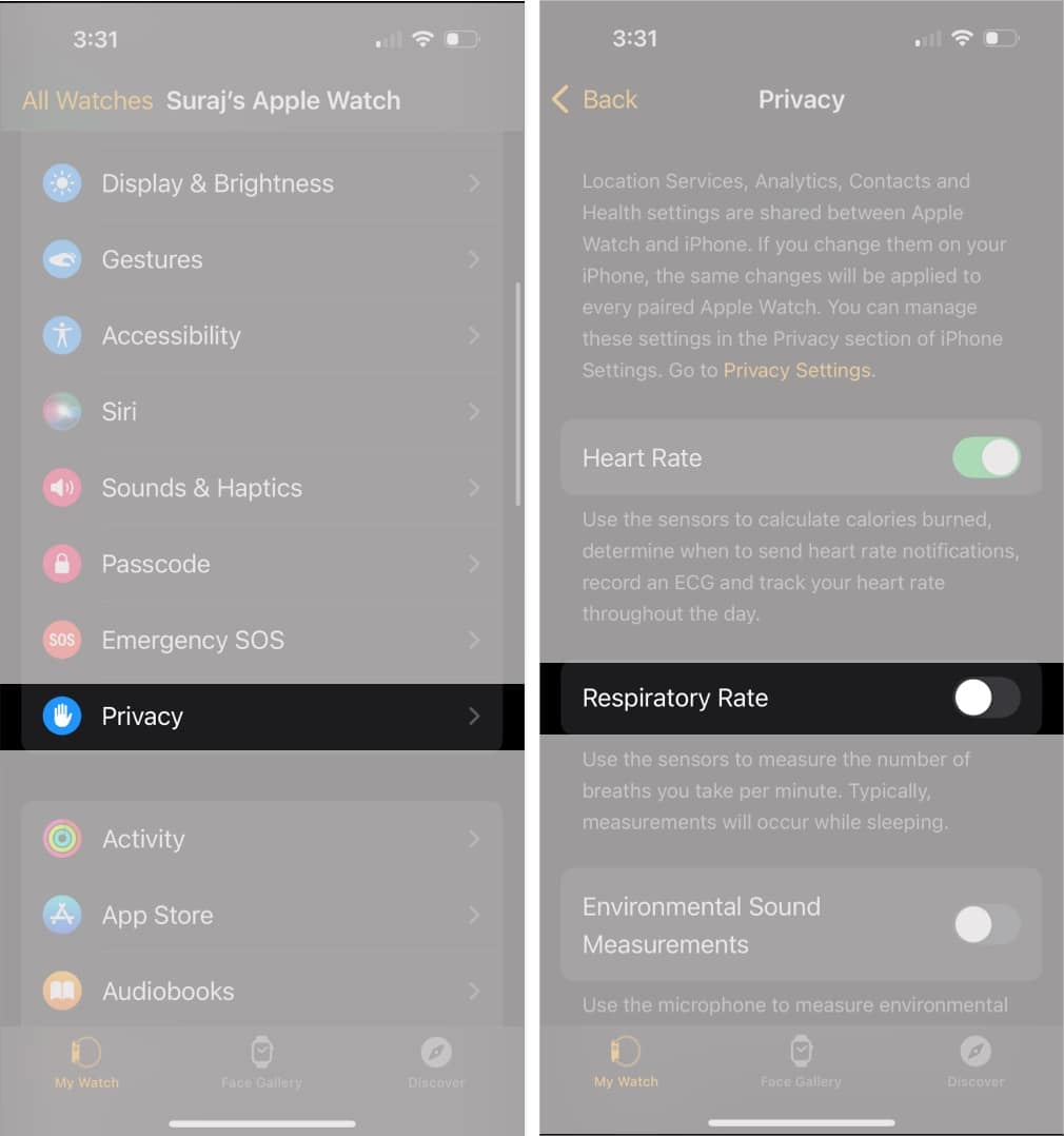 Turn off Respiratory Rate in Watch app on iPhone