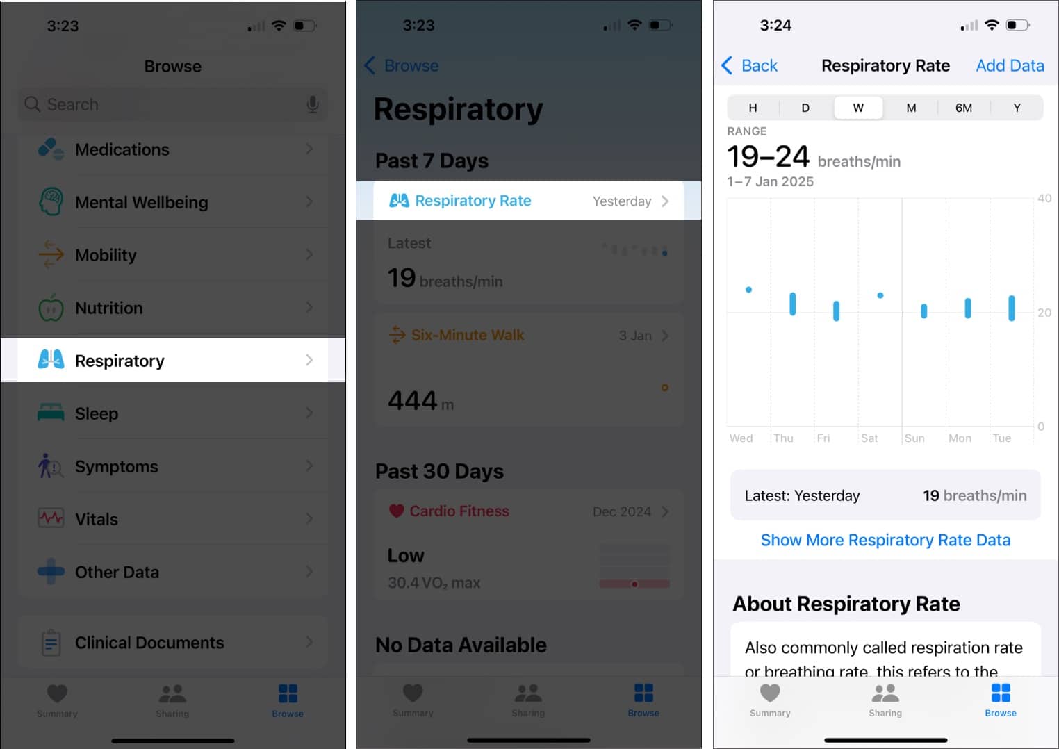 View Respiratory Rate in Health app