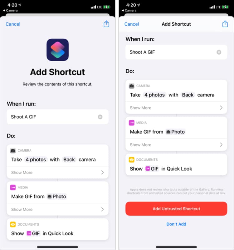 Add Untrusted Photography Shortcut on iPhone