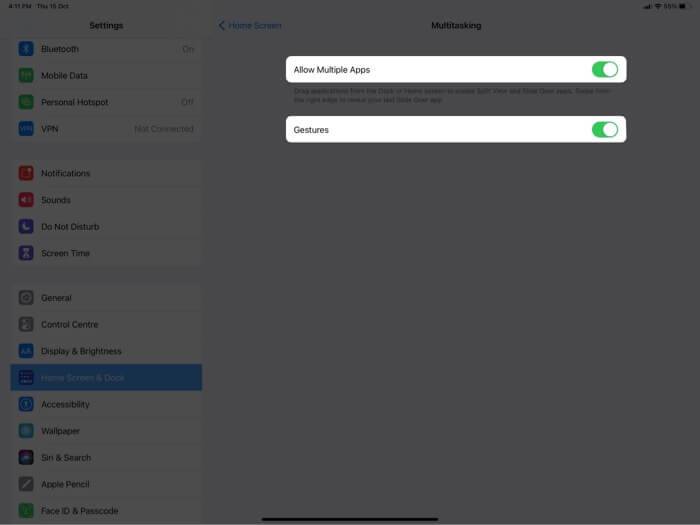 Allow Multiple Apps and Gestures for Multitasking on iPad