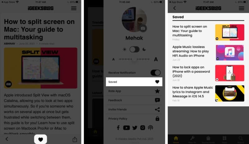 Save and share articles in iGeeksBlog iPhone app