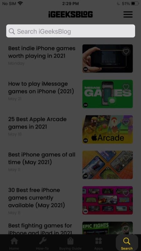 Search bar in iGeeksBlog for iPhone