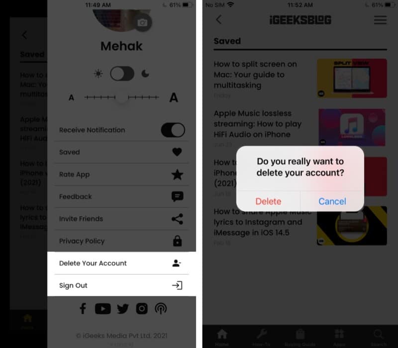 Sign out or delete your account from iGeeksBlog iOS app