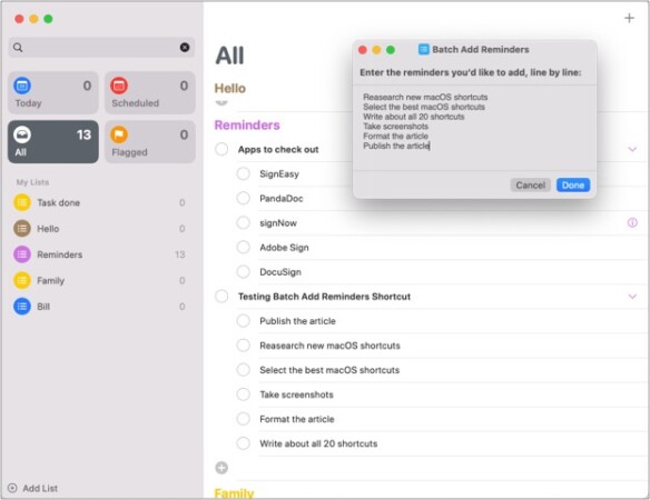 Batch Add Reminders macOS Monterey shortcut