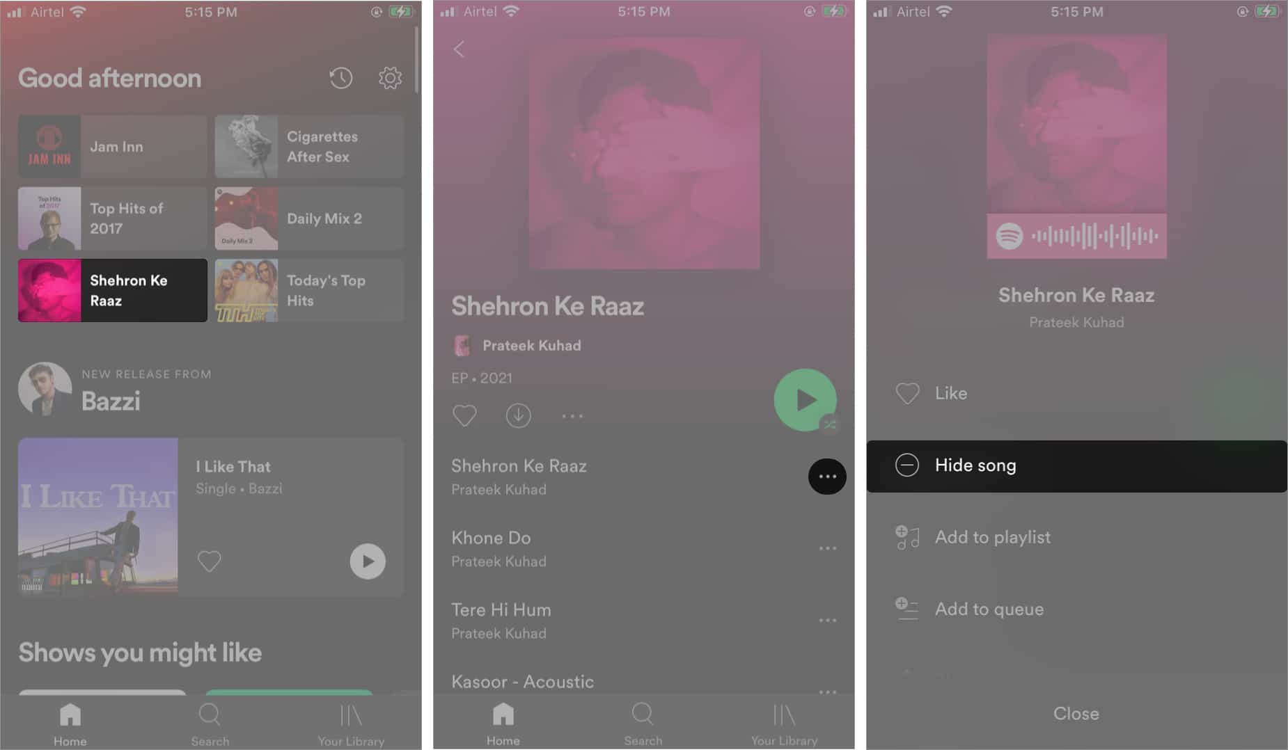hide songs on spotify on iphone