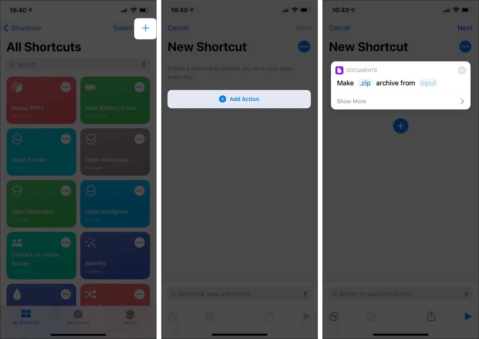 Add Action in shortcuts app on iPhone