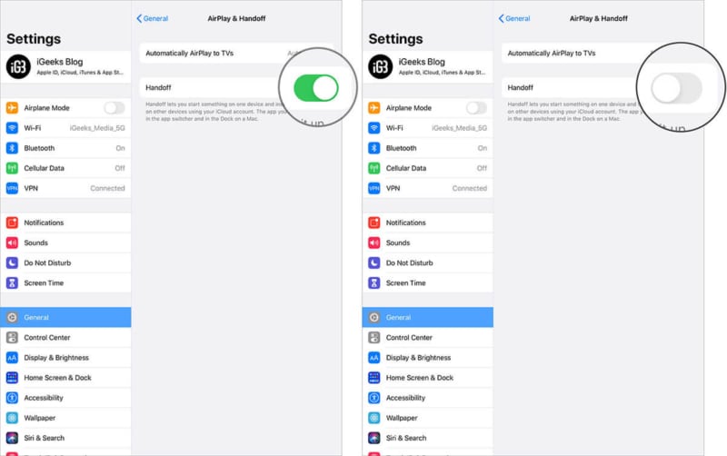 Disable HandOff in iPad Settings