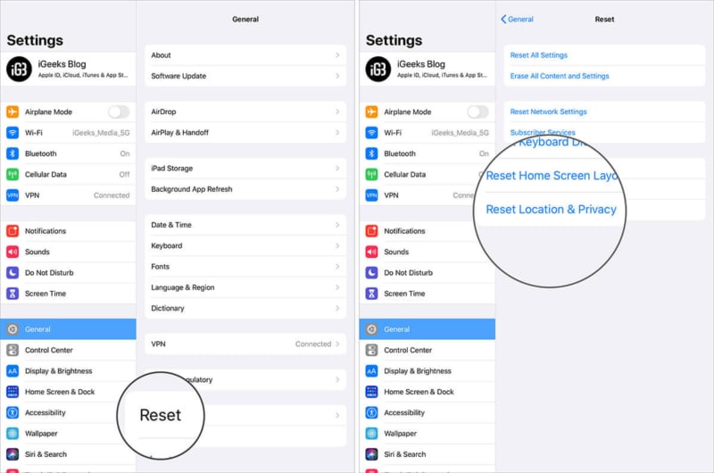 Reset Location and Privacy on iPad