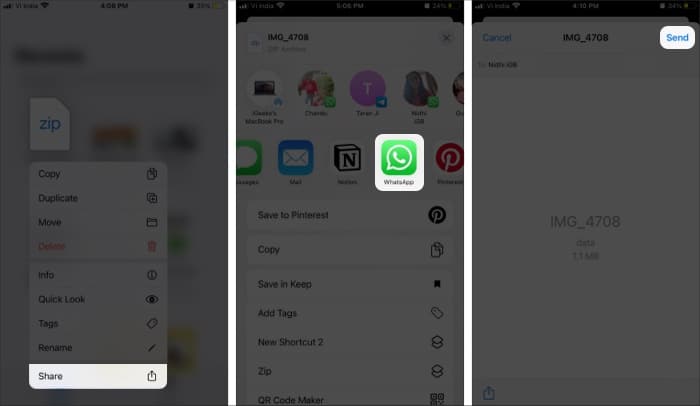 Tap Send to share the file in Whatsapp on iPhone