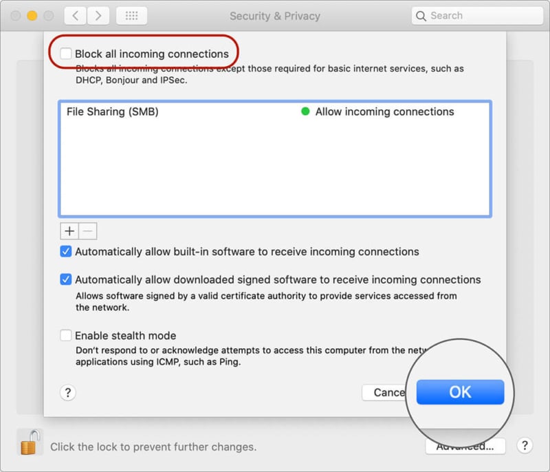 Turn Off Block All Incoming Connections in macOS