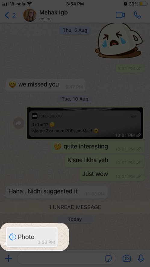 WhatsApp View Once message looks like when you receive it