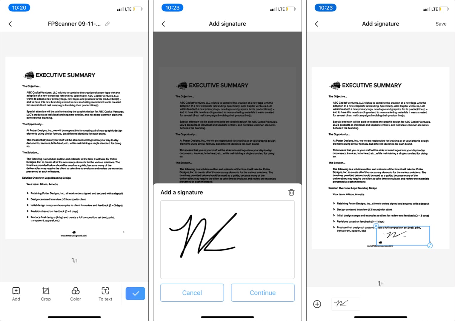 Add a signature in document using FP Scanner