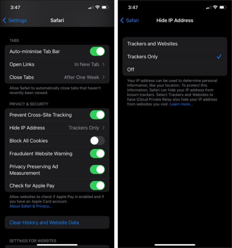 Hide IP address from all websites in Safari in iOS 15