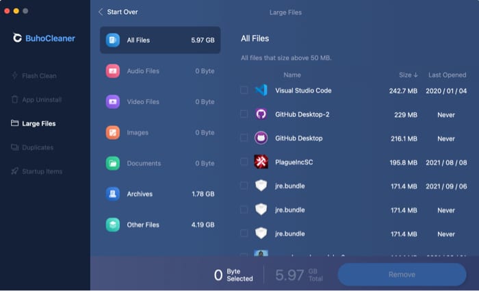 Large Files BuhoCleaner feature analysis