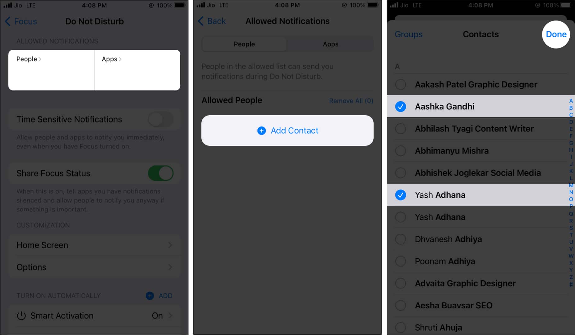 How to allow notifications during DND from specific people and apps on iPhone