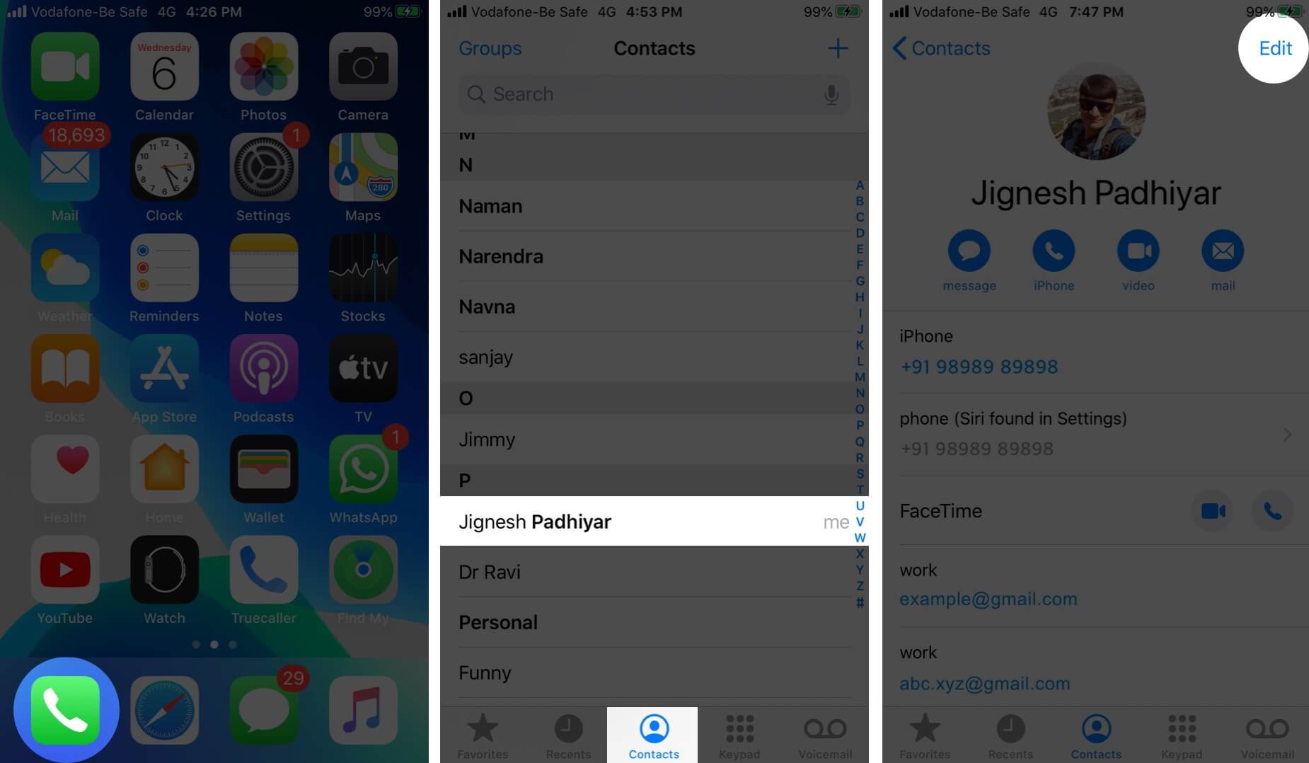 Open Phone App Tap on Contact and Then Tap on Edit on iPhone