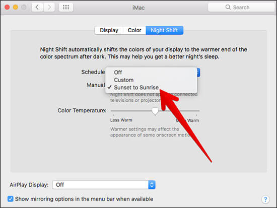 Set Night Shift from Sunset to Sunrise on Mac