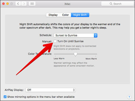 Uncheck Manual in Night Shift on Mac