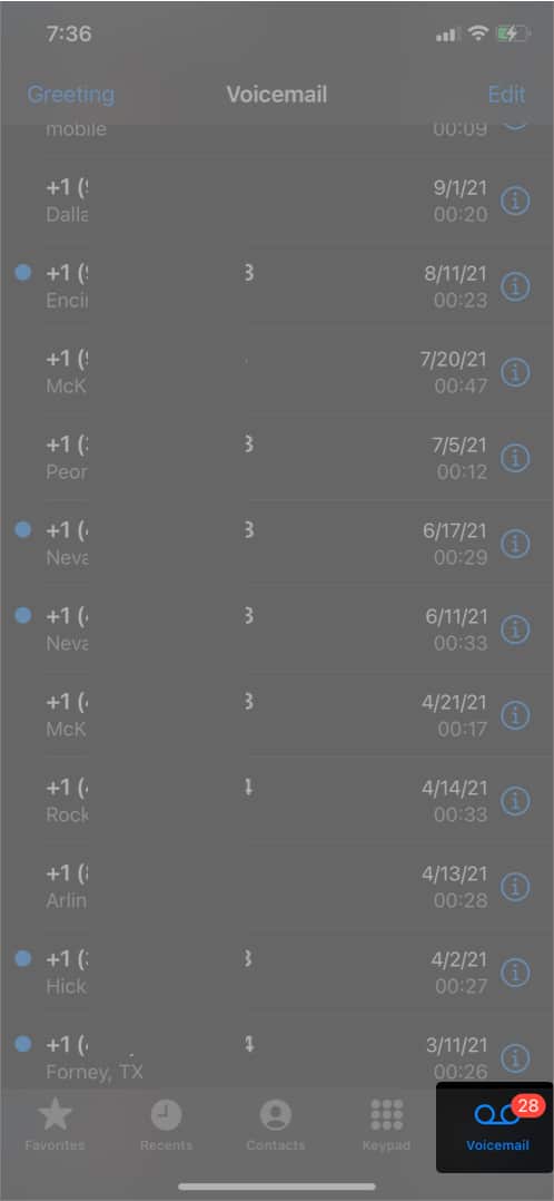 Voicemail tab in Phone app of iPhone