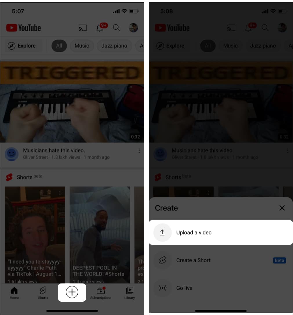 Choose 'Upload a video' from the options in YouTube on iPhone