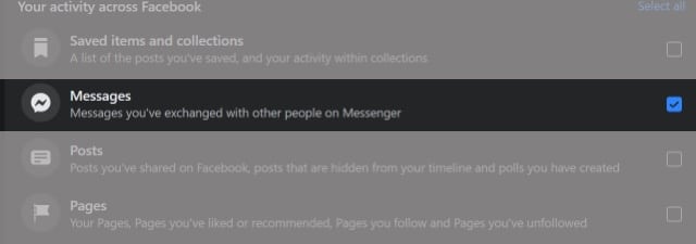 Tick the box next to Messages in Facebook