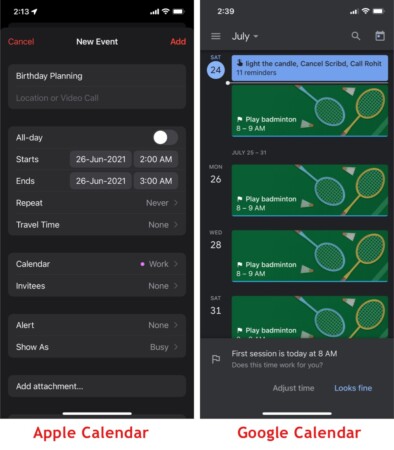 Apple Calendar vs. Google Calendar Adding new event options