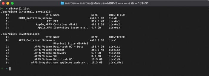 Enter the command “diskutil list” to display your HDD or SSD partitions