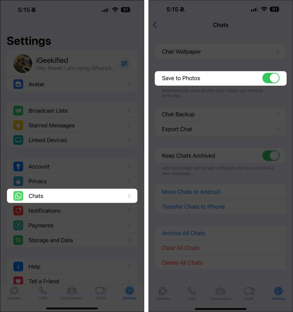 Go to chats toggle on save to photos to save incoming media on iPhone