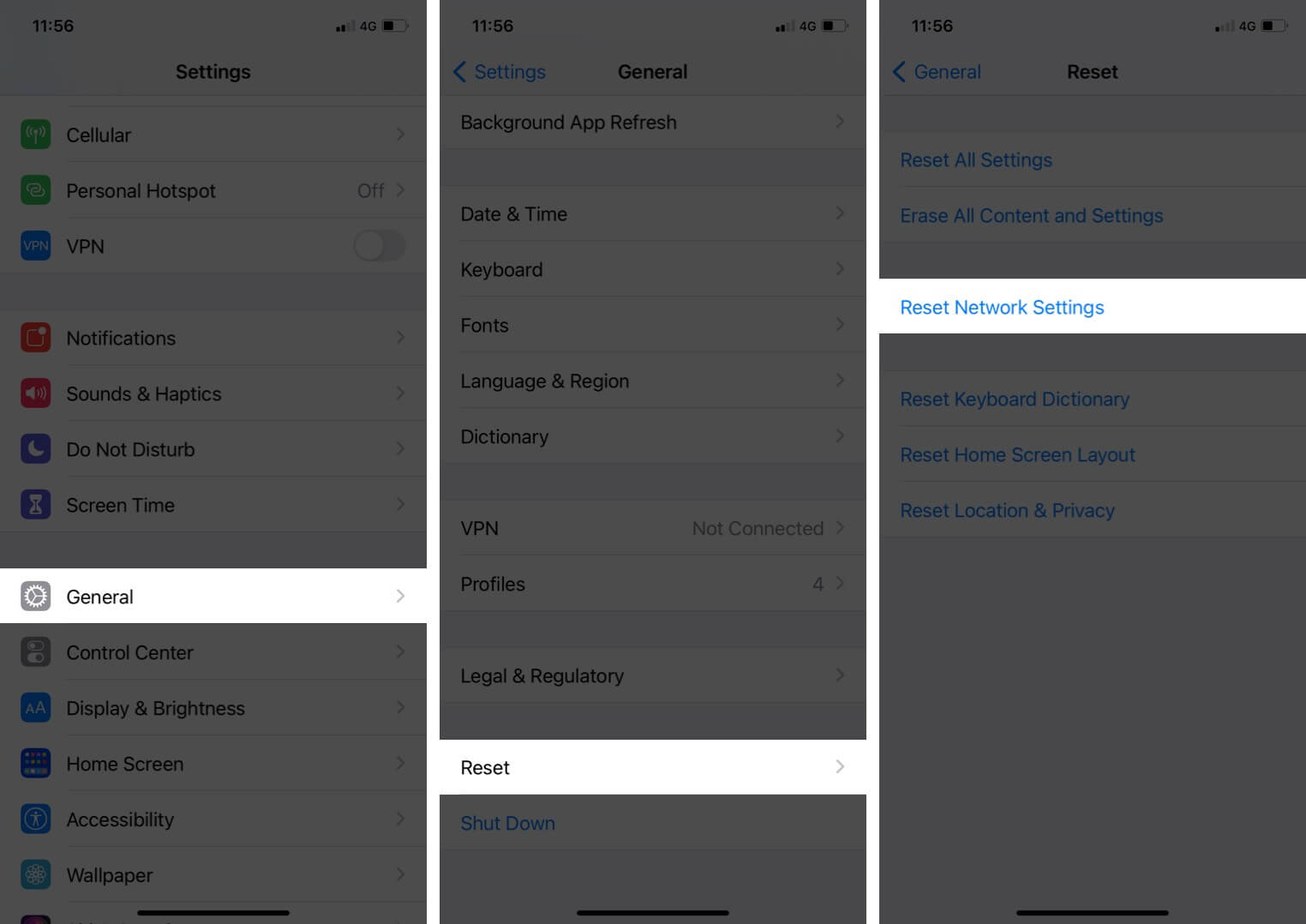 Reset iPhone network settings