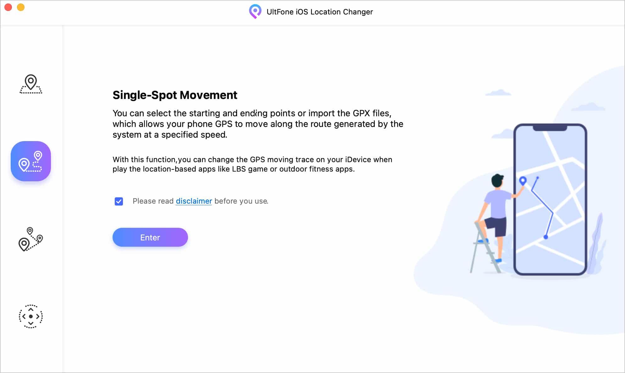 Single-spot movement in UltFone iOS Location Changer iOS app