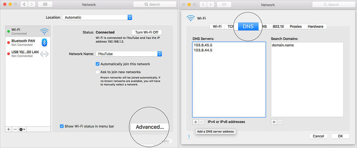 Click Advanced and select DNS in Mac Network Settings
