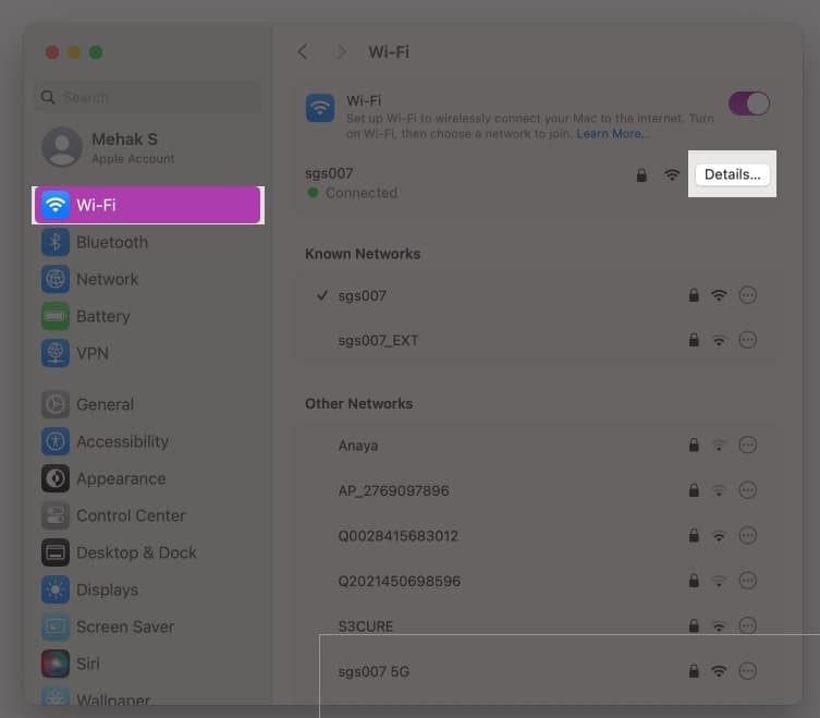 Click Details next to the network in Wifi Settings