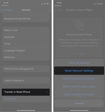 Reset iPhone Network Settings on iPhone