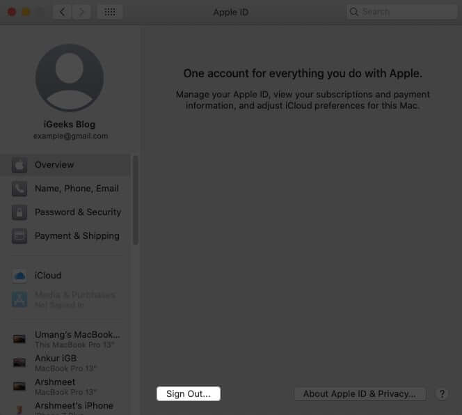 click on sign out in apple id on mac