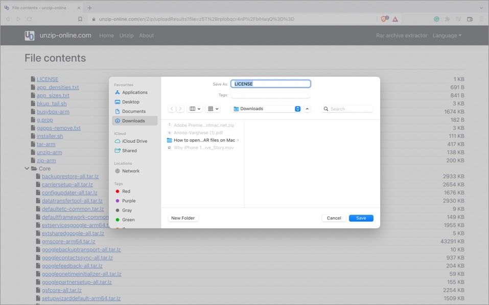Save extracted RAR file on Mac