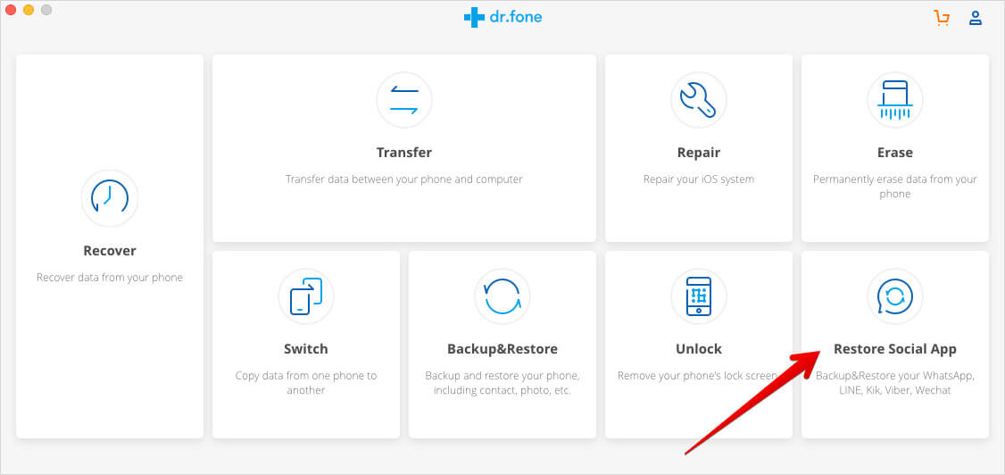 Click on Restore Social in Dr.Fone App