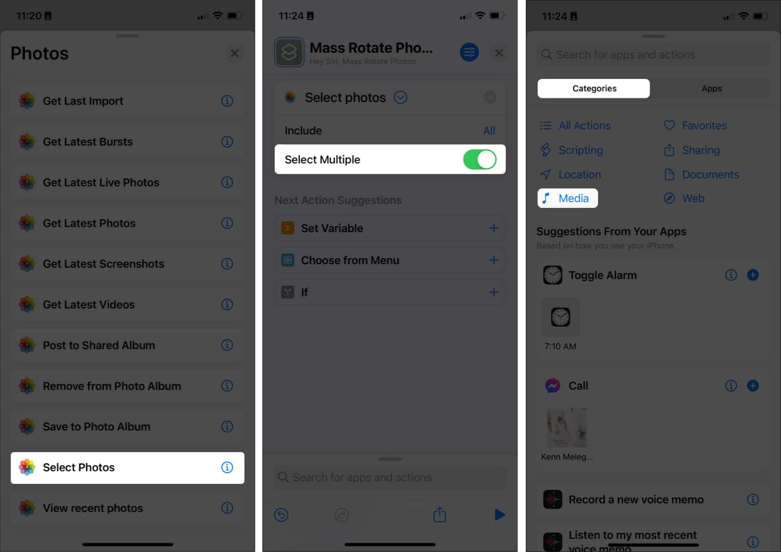 Select Categories tab and tap Media in Shortcuts app on iPhone