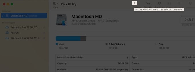 Adding APFS Volume in Disk Utility on Mac