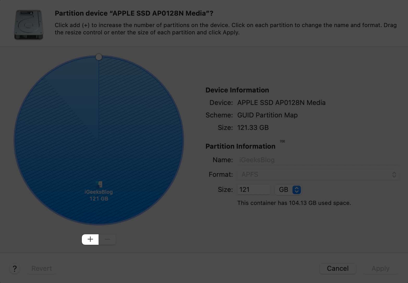 Click the plus button (+) at the bottom of the pie chart