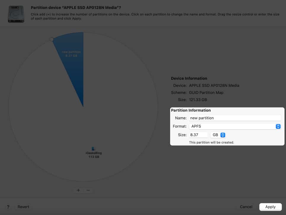 customise the partition and click Apply