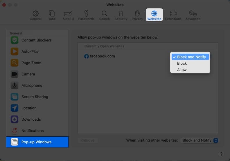 Disable Pop-up blockers in Safari on Mac for individual sites