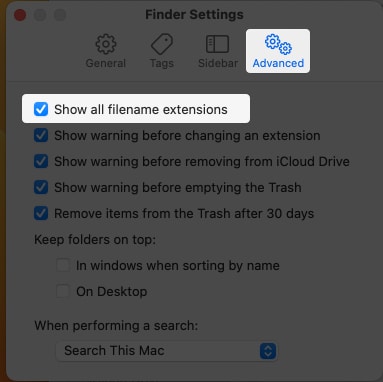 Enable filename extensions on Mac