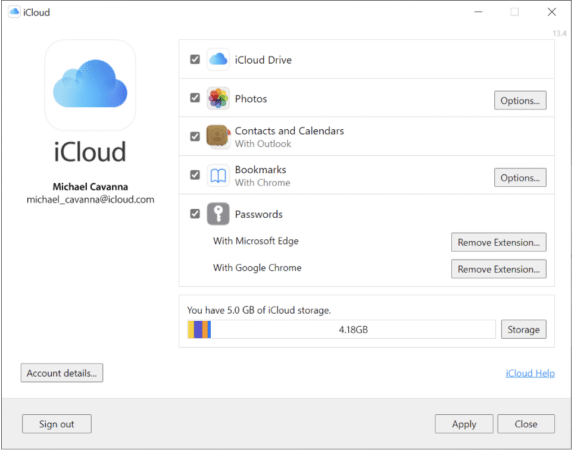 iCloud App opened on a Windows PC